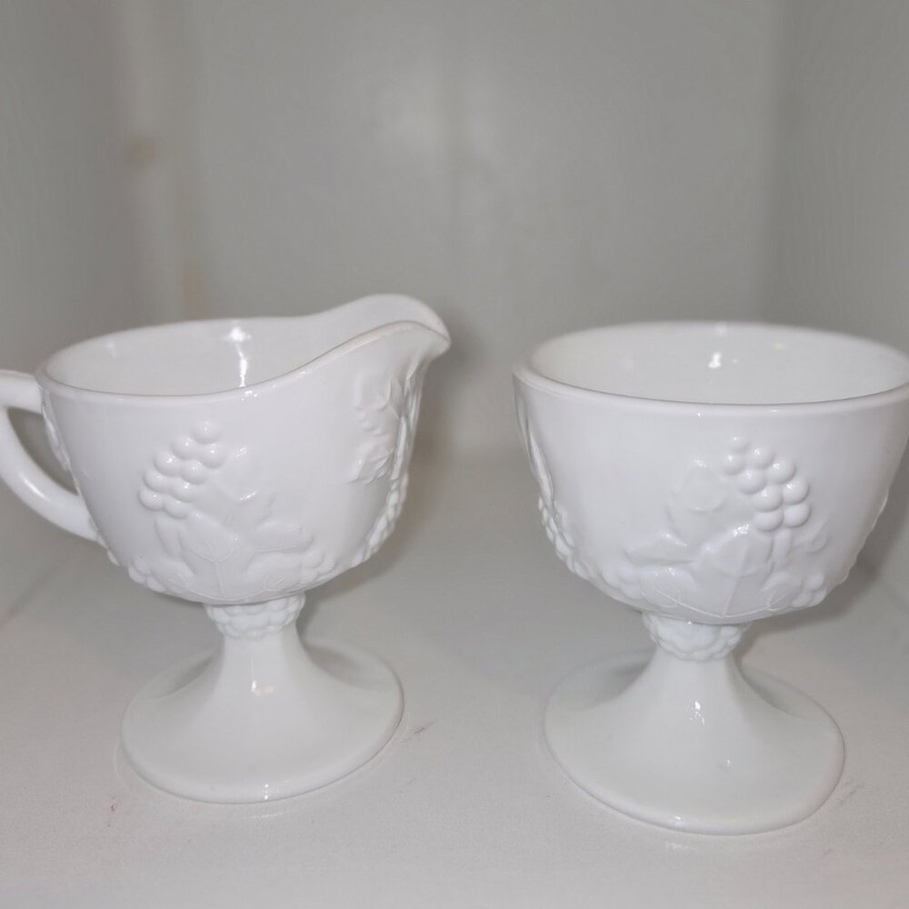 Indiana Milk Glass Colony Harvest Grape Pattern Creamer and Sugar Bowl Set  VTG